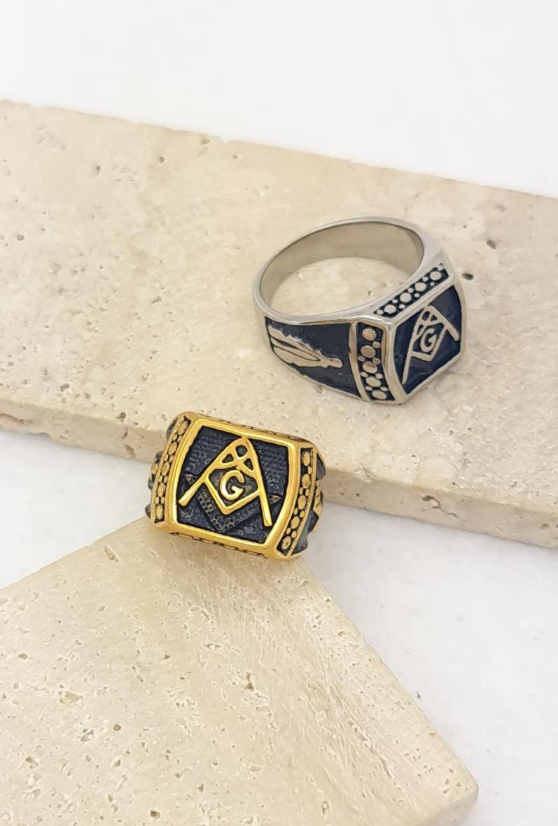 Grossista Bijoussimo - Anello in acciaio da uomo con motivo massonico