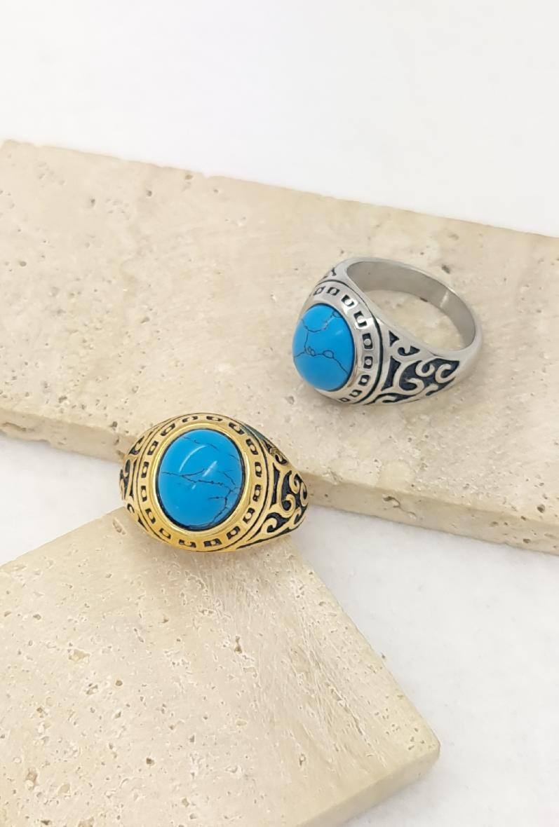 Grossista Bijoussimo - Anello in acciaio da uomo con pietra turchese
