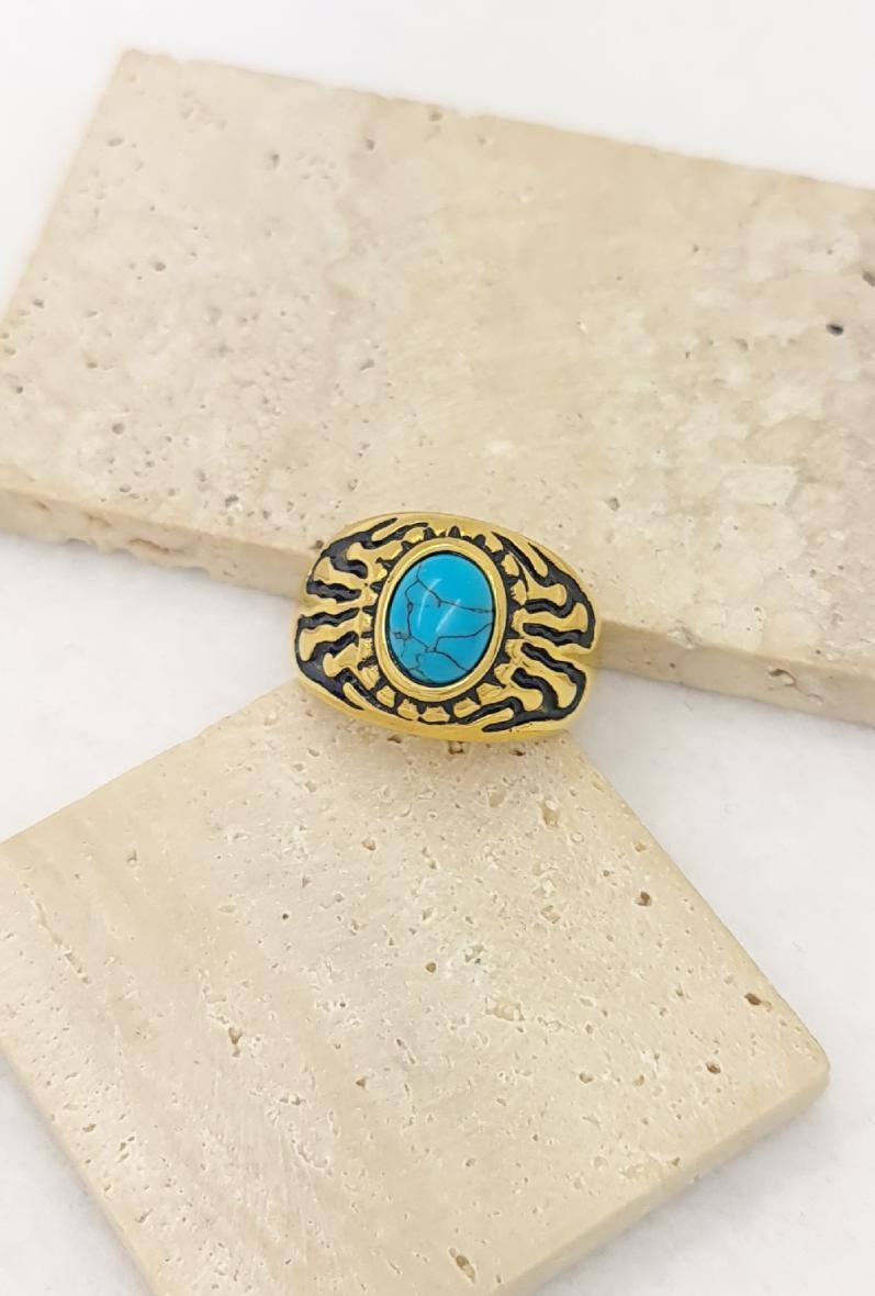 Grossista Bijoussimo - Anello da uomo in acciaio dorato con pietra turchese