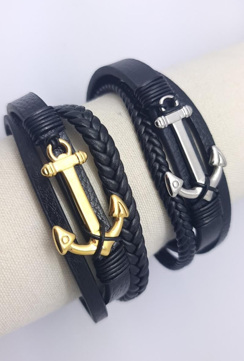 Grossiste Bijoussimo - Bracelet cuir et acier ancre marine