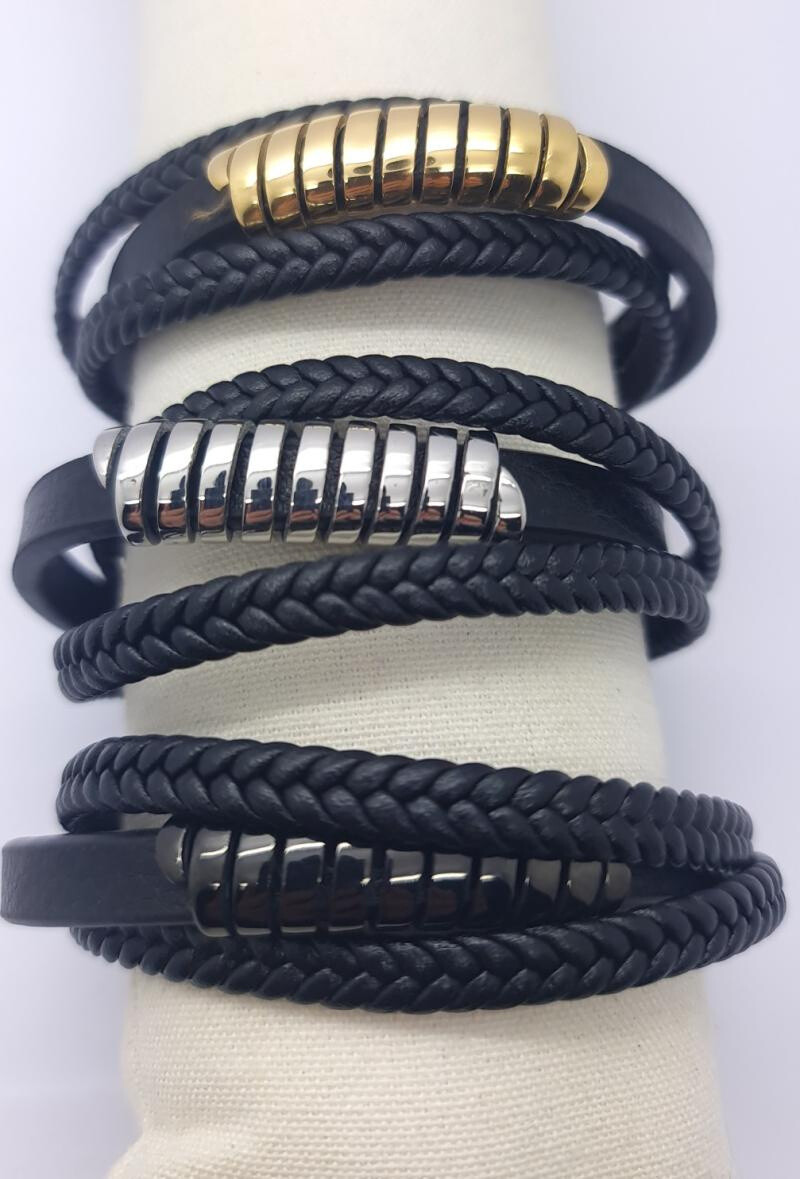 Grossiste Bijoussimo - Bracelet cuir et acier multi-rectangles spiralés 3 cordons