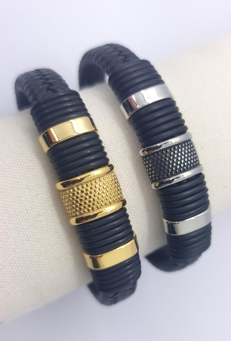 Großhändler Bijoussimo - Lederarmband und Ringe und Doppel -Rechteckstahl