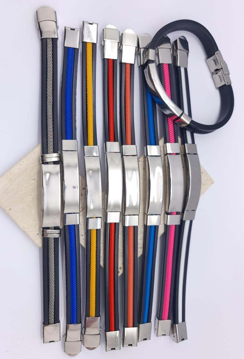 Grossiste Bijoussimo - Bracelet acier et silicone à graver bande de couleur sur la longueur