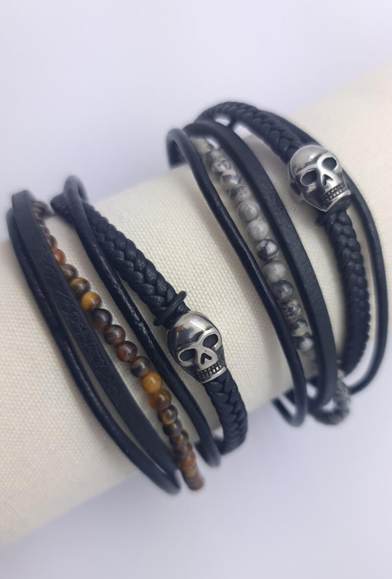 Wholesaler Bijoussimo - Leather bracelet and skull and stones steel