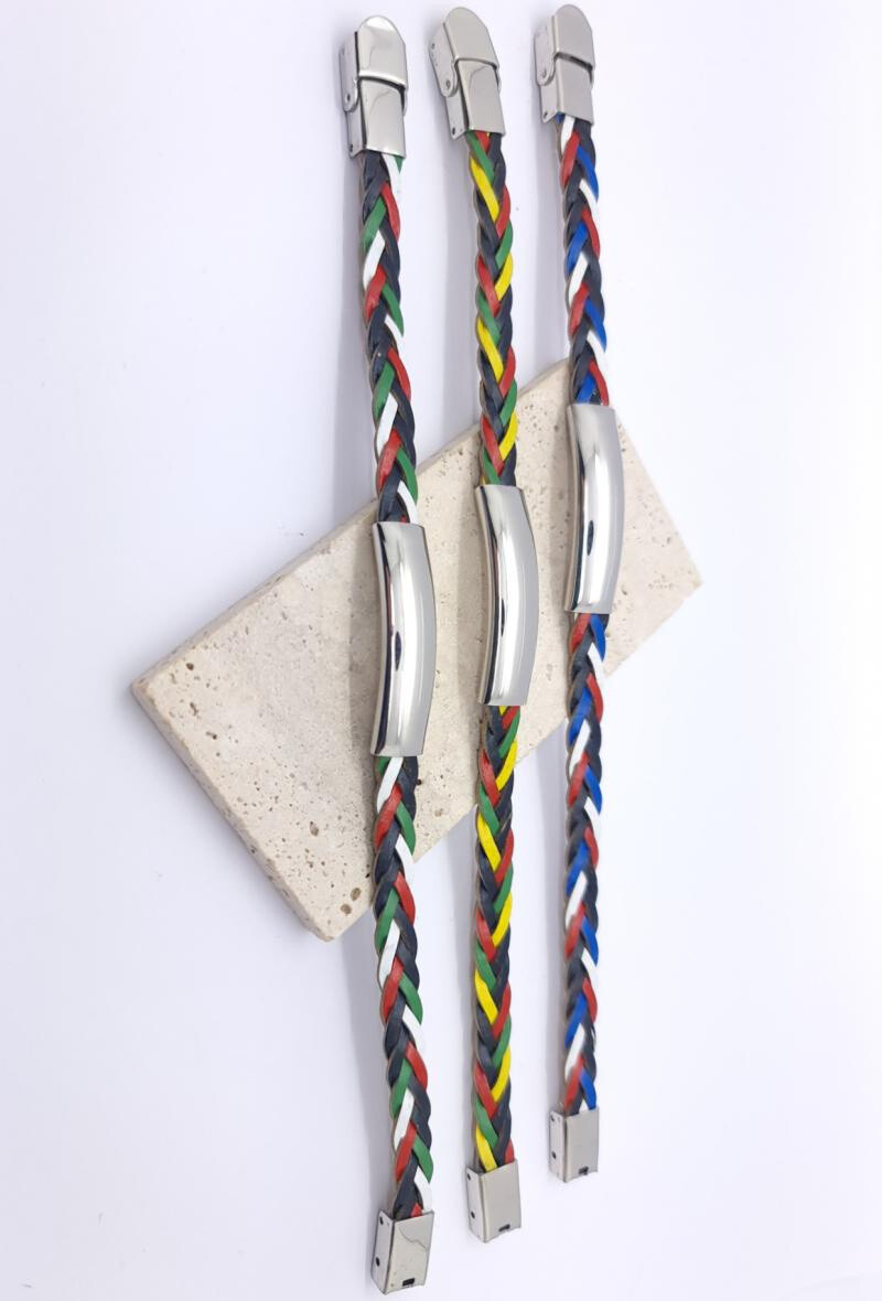 Grossiste Bijoussimo - Bracelet acier et P.U. à graver mailles tressées multicolores