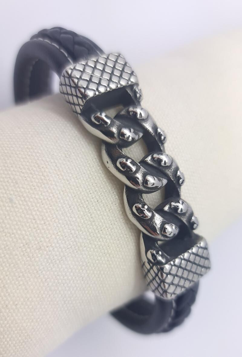 Grossiste Bijoussimo - Bracelet cuir et acier maillons gourmette