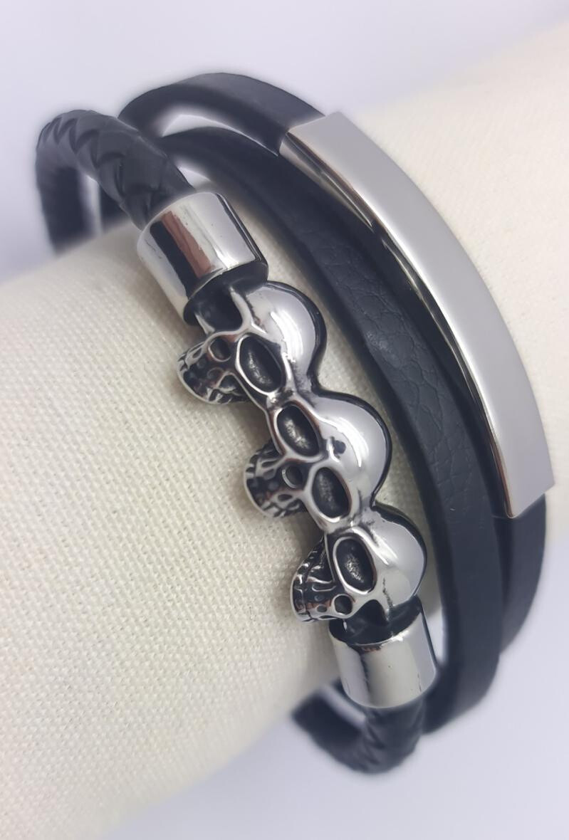 Wholesaler Bijoussimo - Leather bracelet and steel to engrave 3 -band skulls