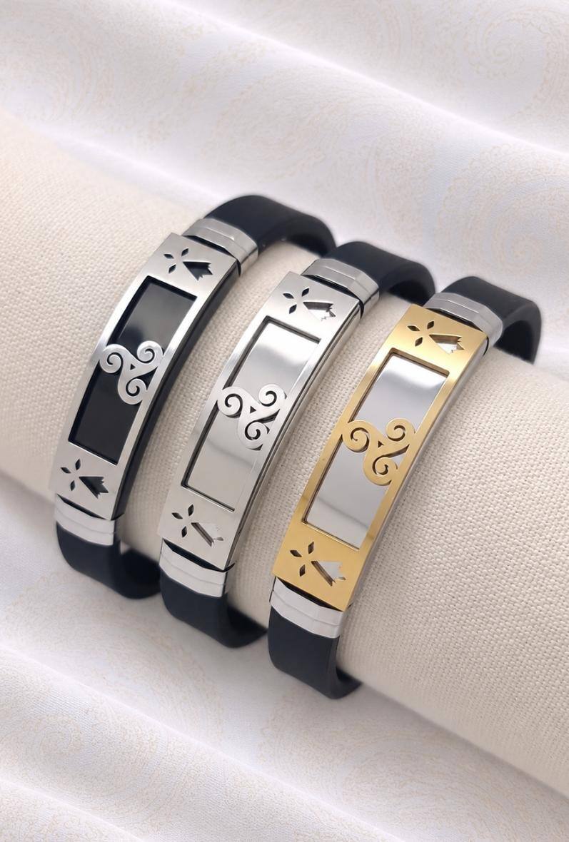 Grossiste Bijoussimo - Bracelet acier et silicone homme, motifs triskel