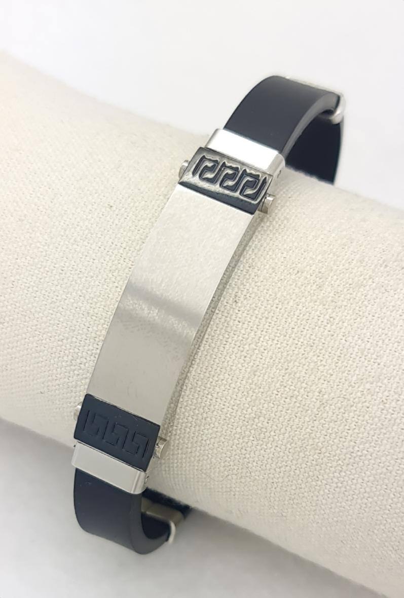 Grossista Bijoussimo - Bracciale da uomo in acciaio e PU con motivi greci e piastra personalizzabile