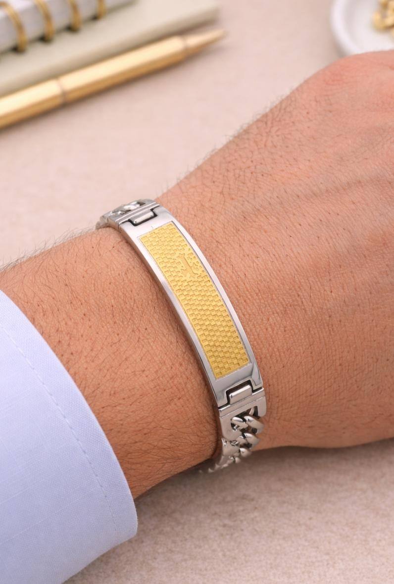 Wholesaler Bijoussimo - Men's steel curb chain bracelet with checkerboard pattern and cross