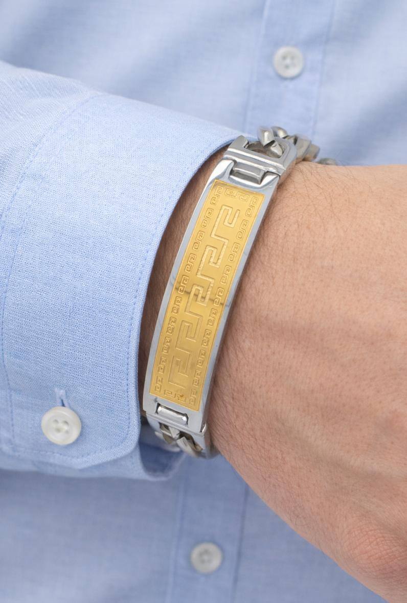 Großhändler Bijoussimo - Herrenarmband aus Stahl im Panzerkettenstil mit griechischem Muster
