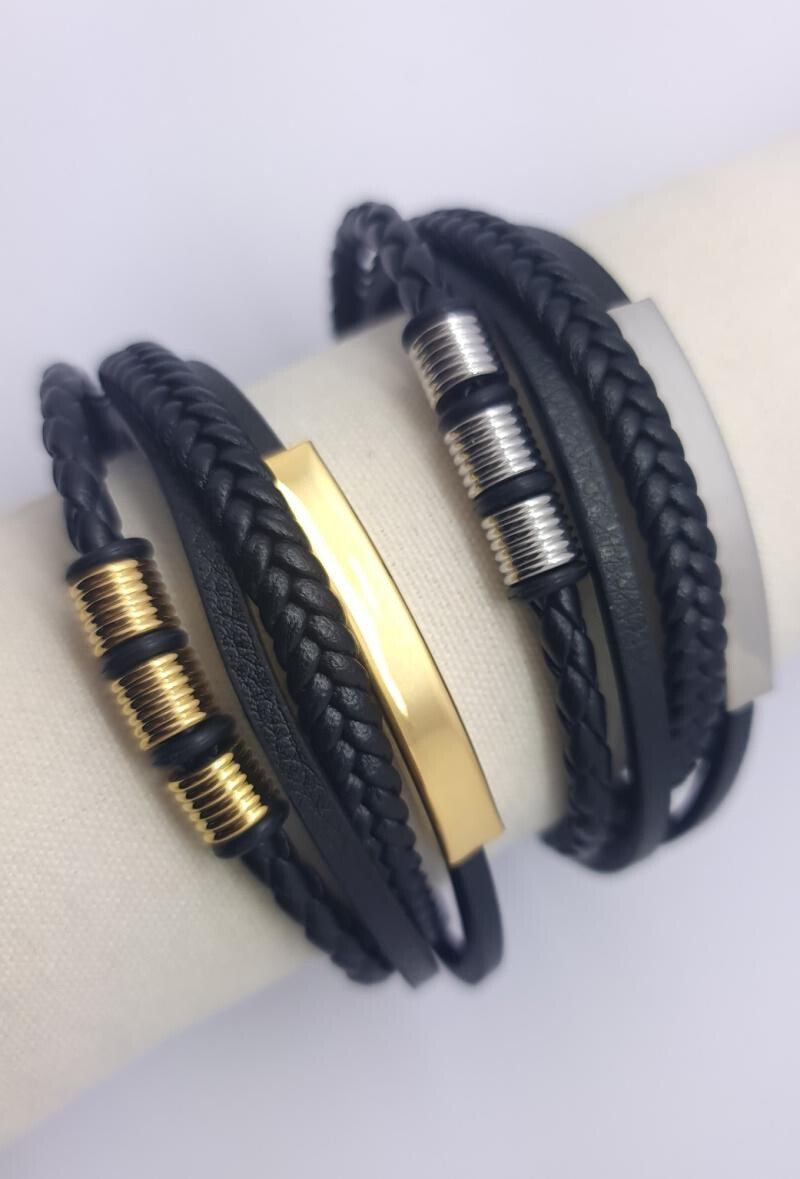Großhändler Bijoussimo - Lederarmband und Stahl Backblech, Ringe, 4 Kabel