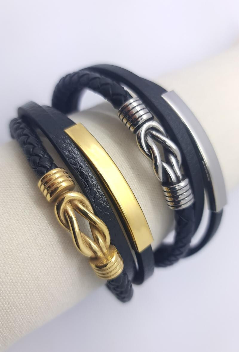 Wholesaler Bijoussimo - Leather bracelet and steel grave 3 cords