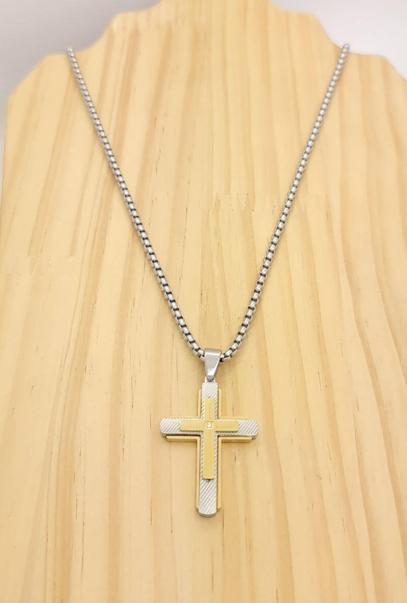 Großhändler Bijoussimo - Herrenstahlkette mit schraffiertem Kreuzanhänger und goldenem Kreuz