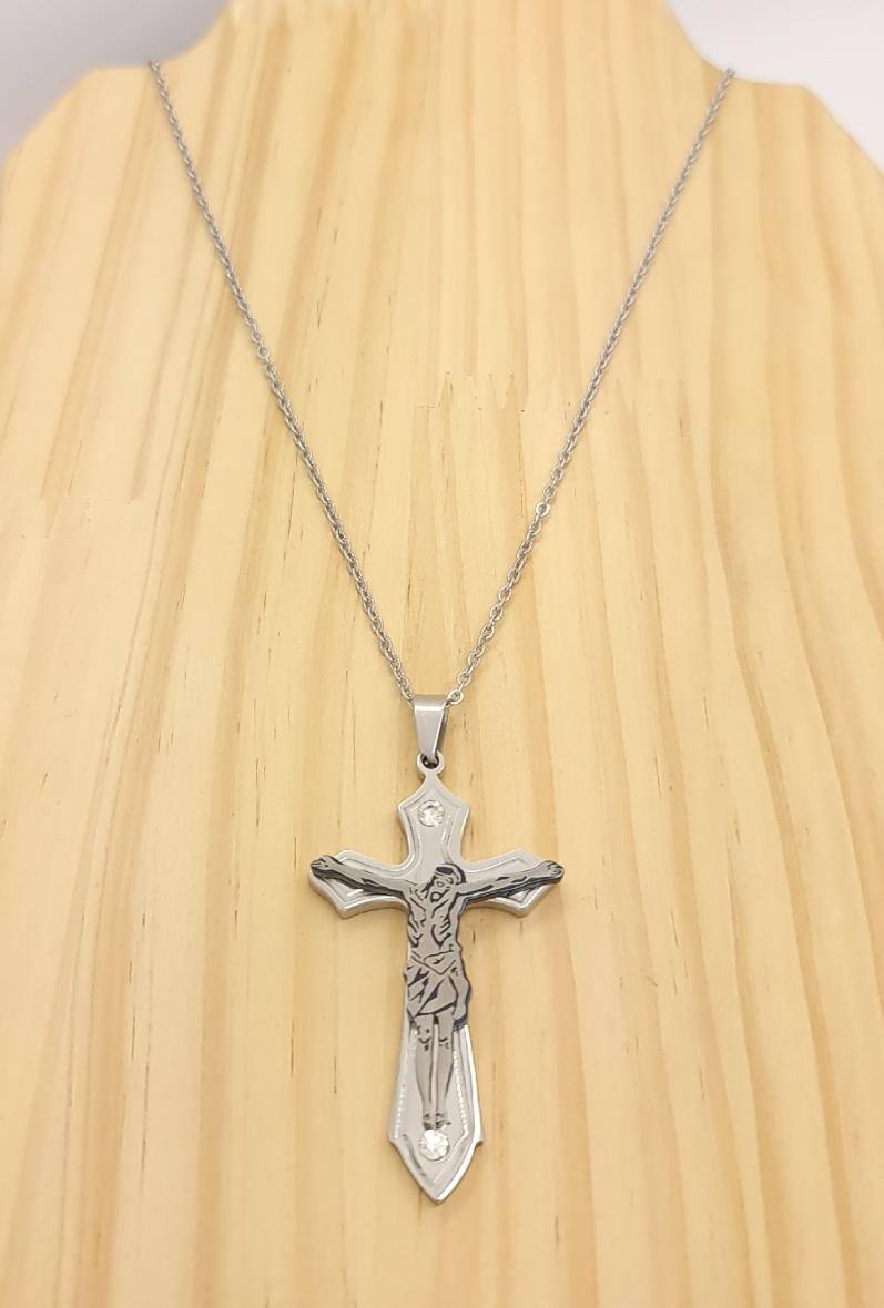 Großhändler Bijoussimo - Herrenstahlkette mit Kreuzanhänger, Jesus, Strass