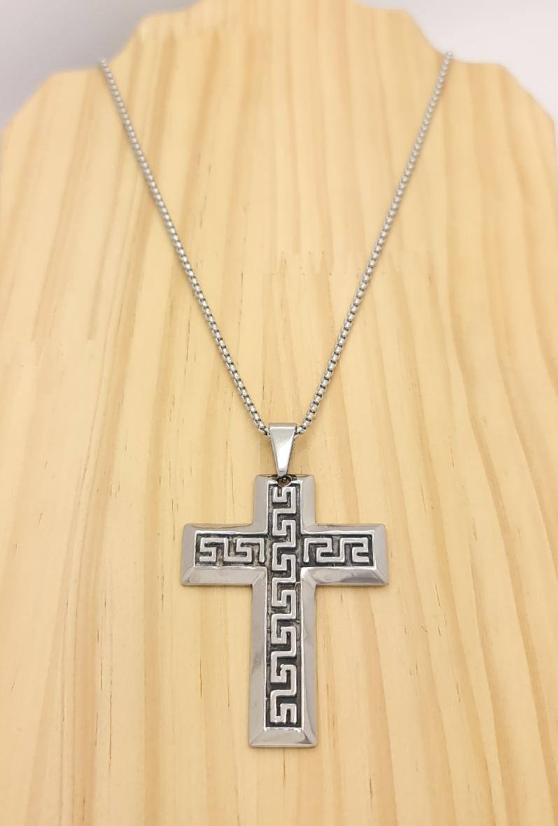 Großhändler Bijoussimo - Herrenstahlkette mit Kreuzanhänger, griechisches Muster, abgeschrägte Kanten