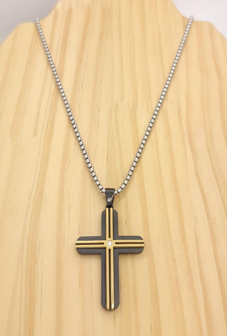 Großhändler Bijoussimo - Herrenstahlkette mit schwarzem Kreuzanhänger, goldenen Streifen, Strass