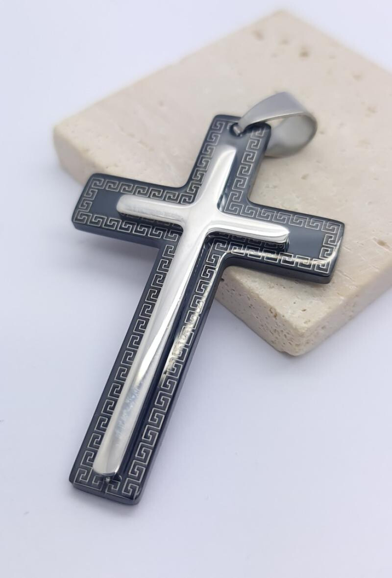 Wholesaler Bijoussimo - Cross steel pendant on black background Greek motif