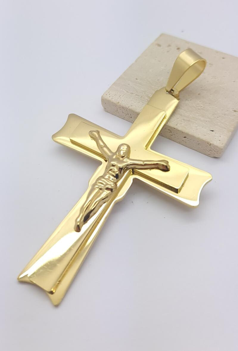 Wholesaler Bijoussimo - Pandentive Double golden cross -sized Jesus Crucified Double Size
