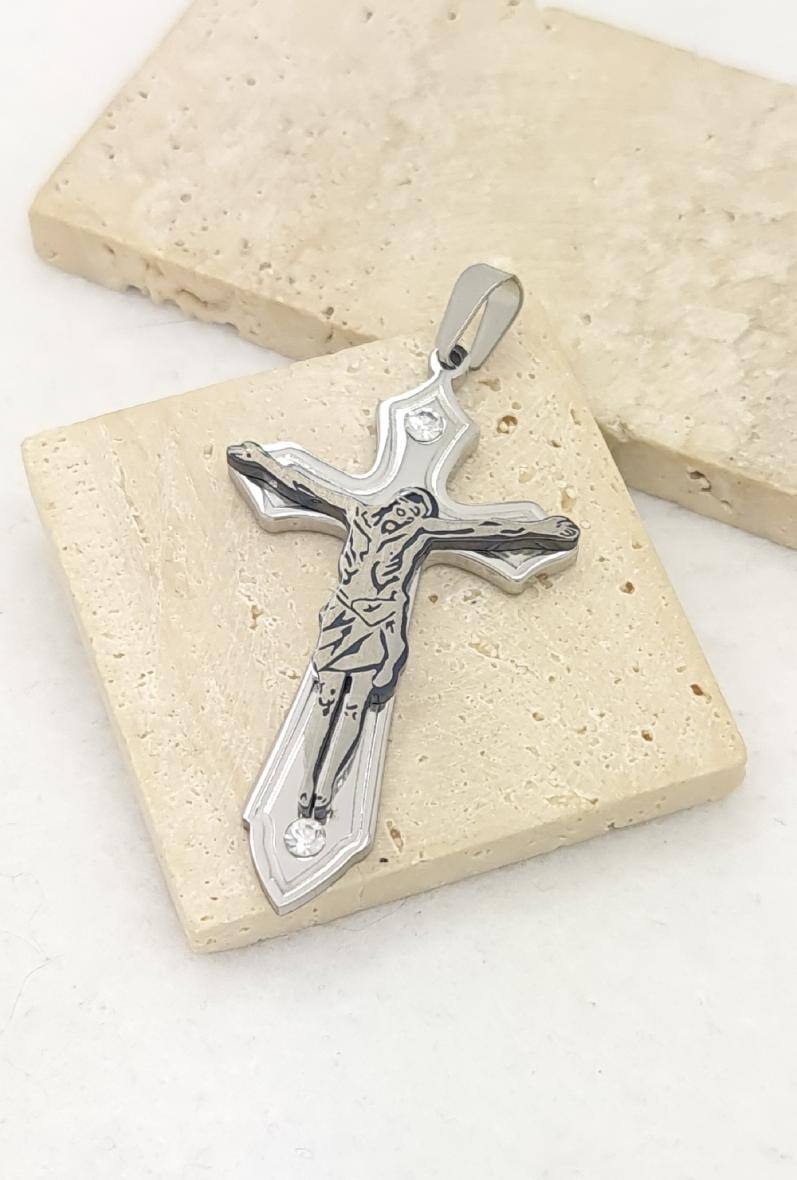 Großhändler Bijoussimo - Herrenanhänger aus Stahl mit gekreuzigtem Jesus, Strasssteine
