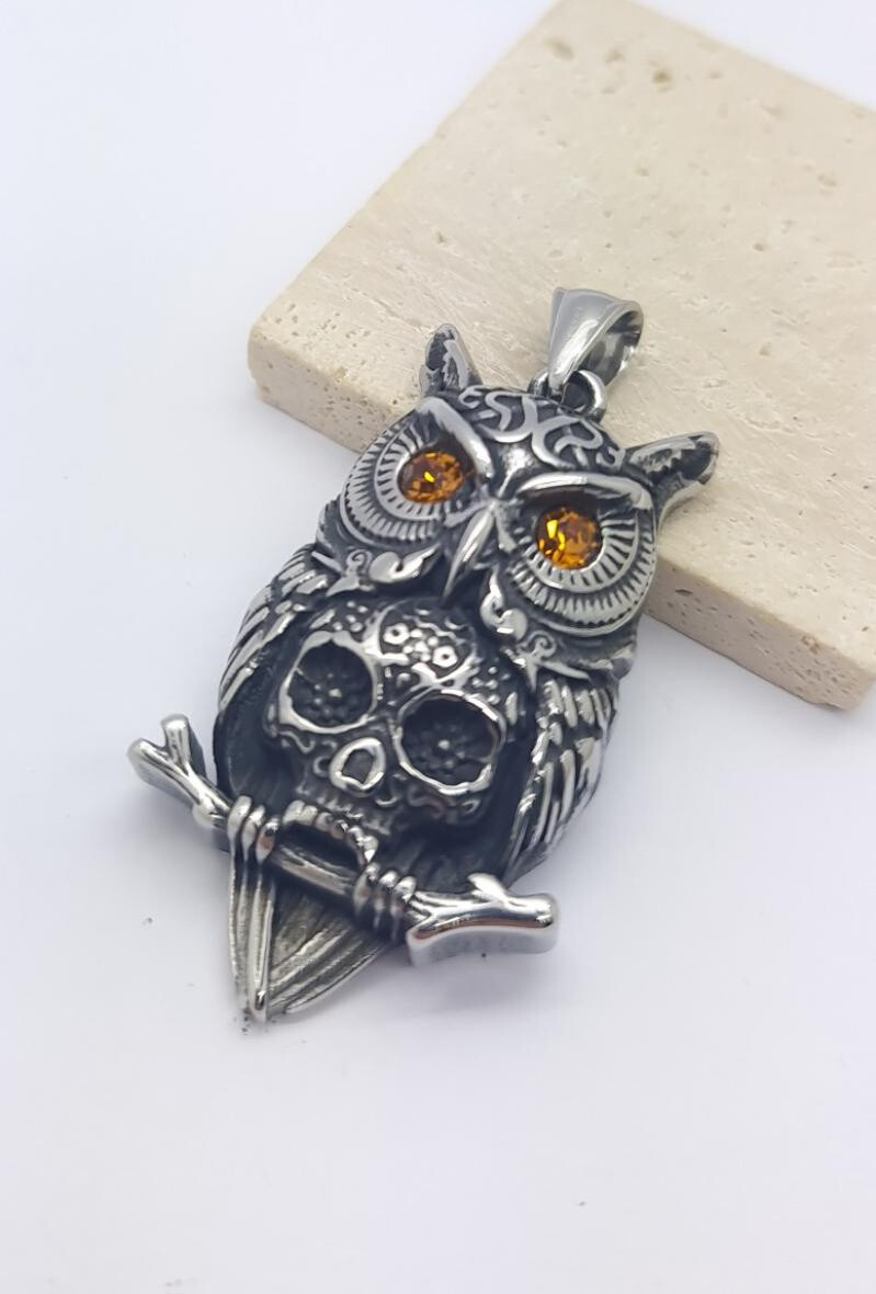 Grossiste Bijoussimo - Pendentif acier hibou et crâne