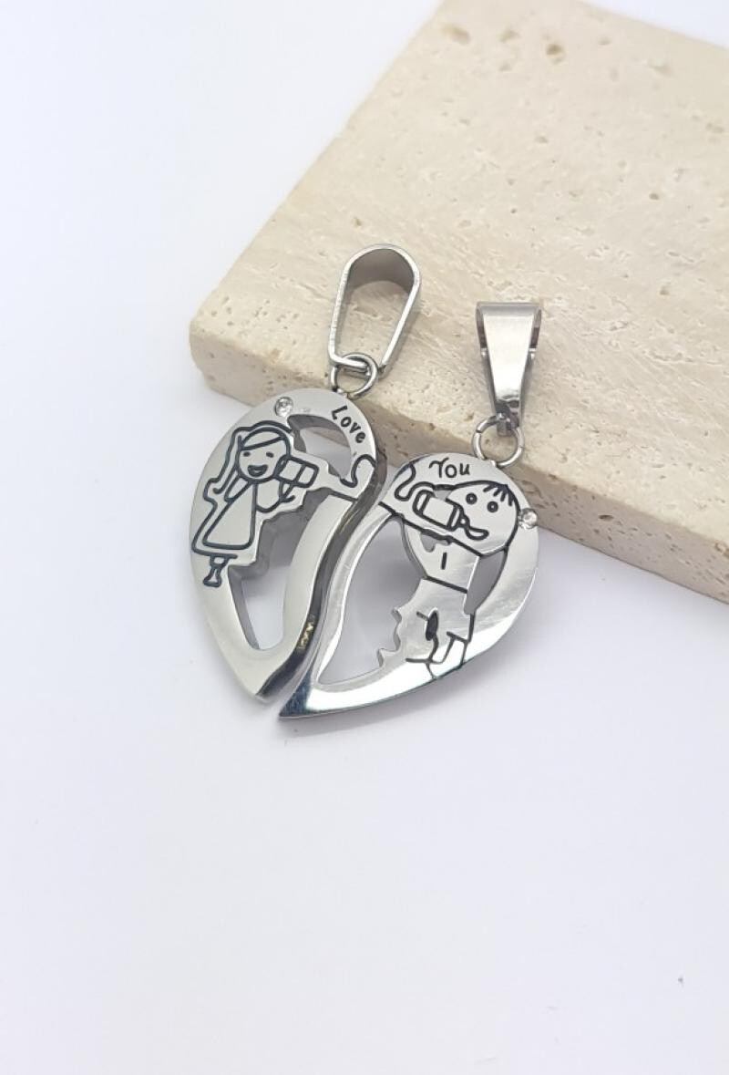 Wholesaler Bijoussimo - Steel pendant 2 half-cores Love/You