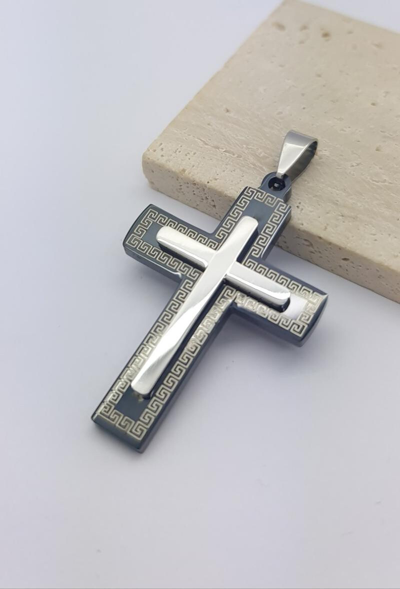 Wholesaler Bijoussimo - Double black part steel pendant Greek pattern