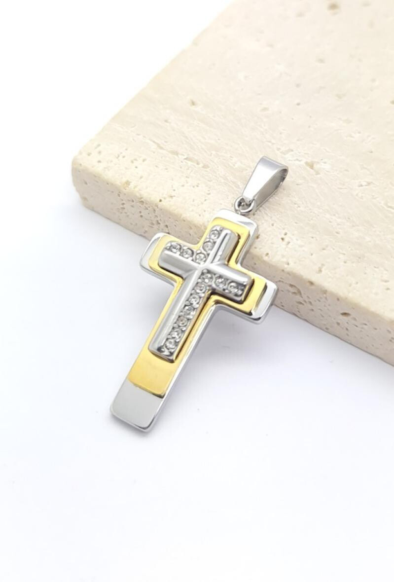 Wholesaler Bijoussimo - Steel pendant small triple golden cross and rhinestones