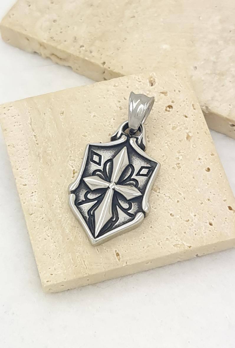 Wholesaler Bijoussimo - Men's steel pendant with hexagonal crest, cross