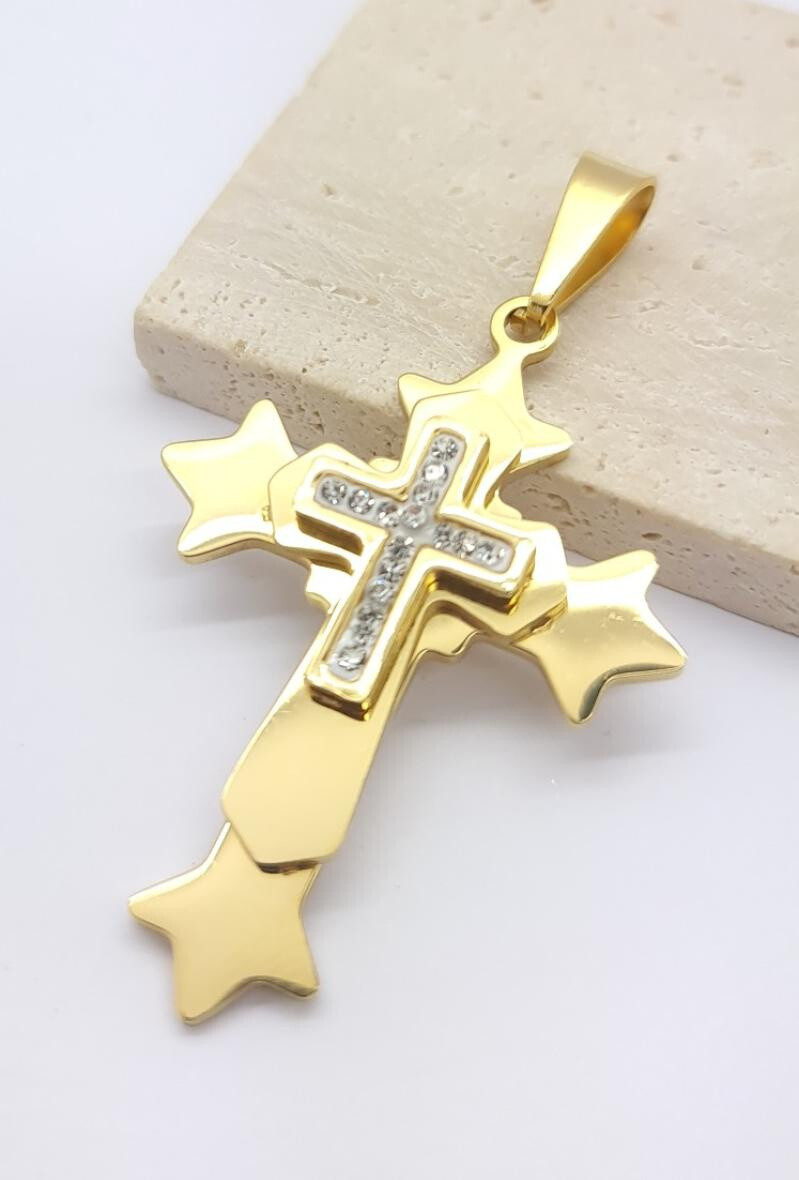 Wholesaler Bijoussimo - Triple Steel Pendant Golden Cross Rhinestone