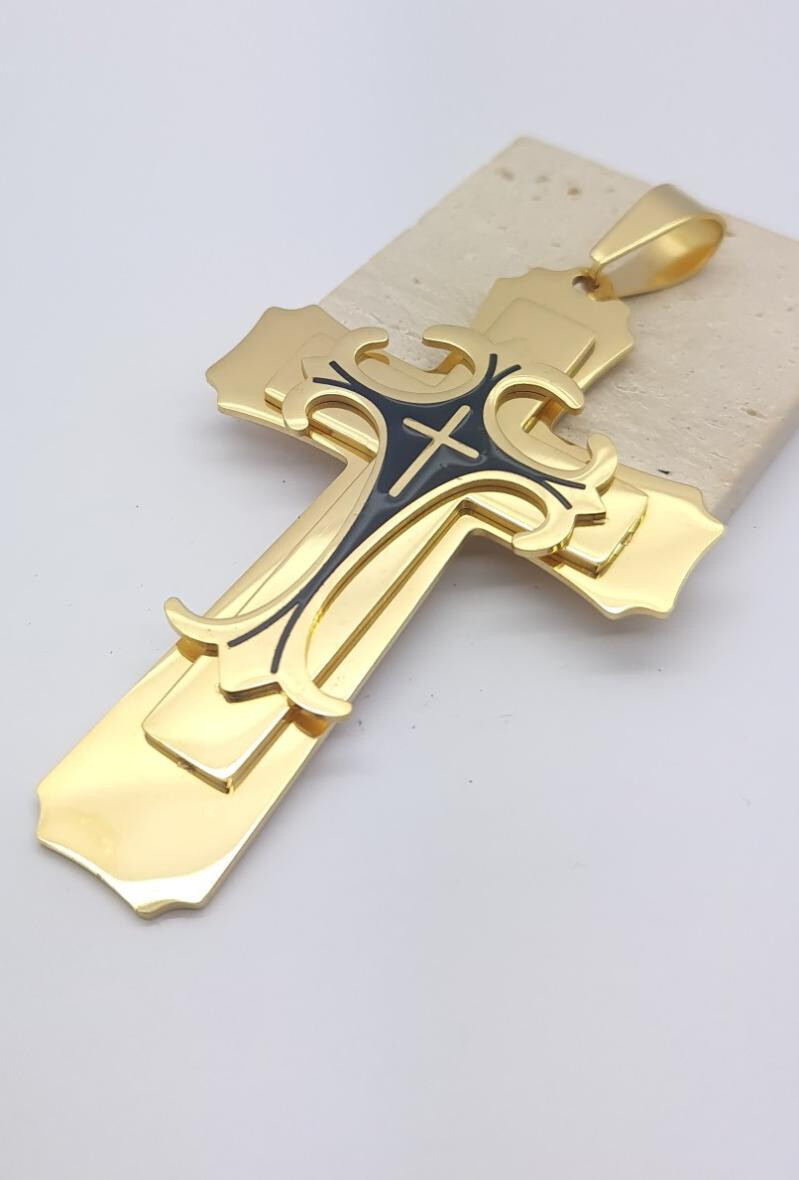 Wholesaler Bijoussimo - Triple golden cross steel pendant Large Size Black Heart