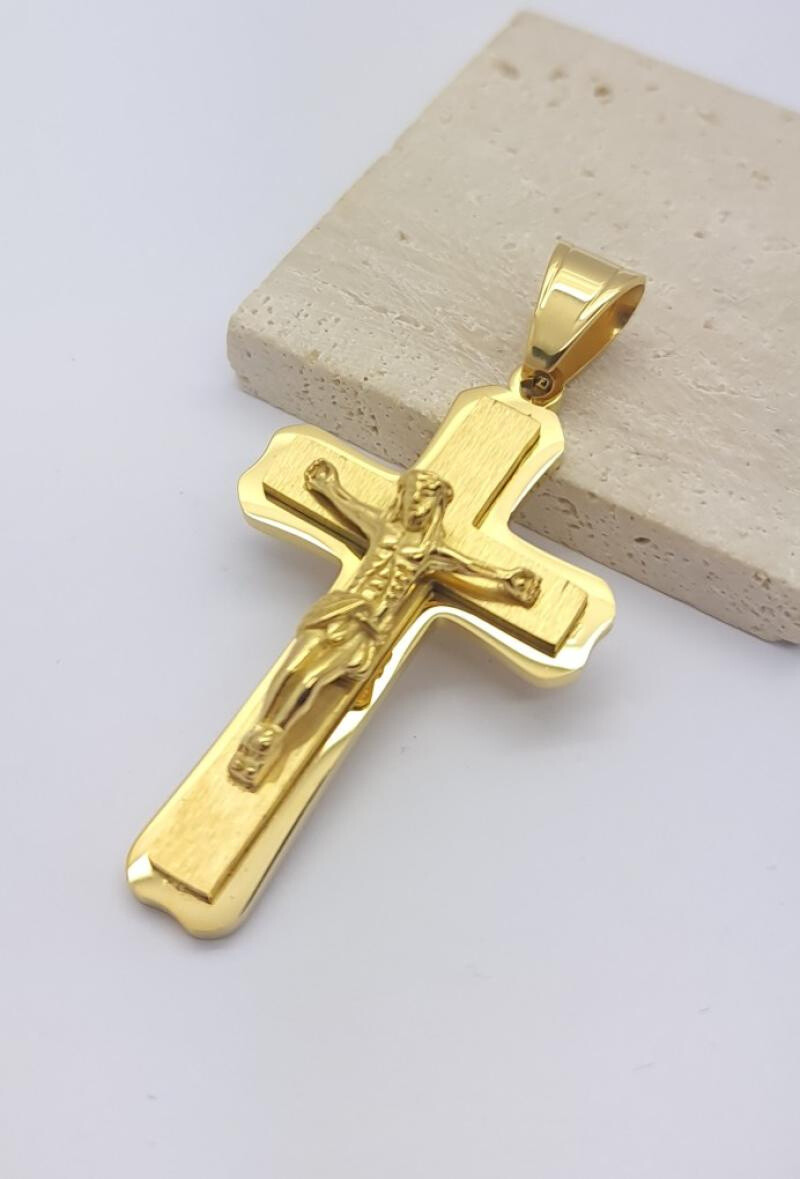 Wholesaler Bijoussimo - Steel pendant double golden golden jesus crucified Jesus