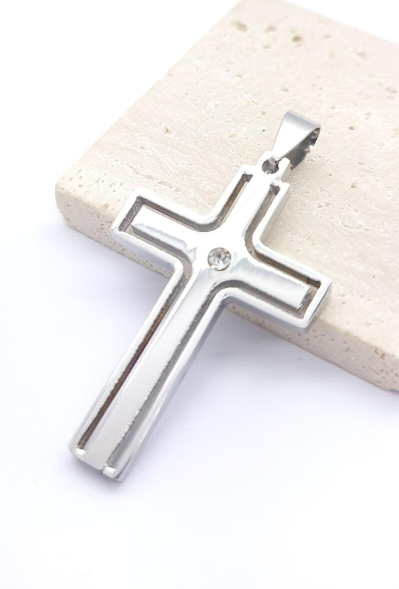 Wholesaler Bijoussimo - Central Double Rhinestone Steel Cross