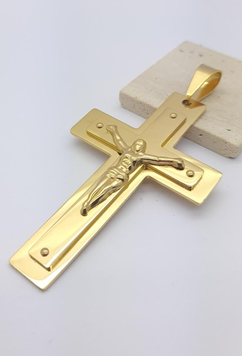 Wholesaler Bijoussimo - Pandentive Double golden cross -sized Jesus Crucified Double Size
