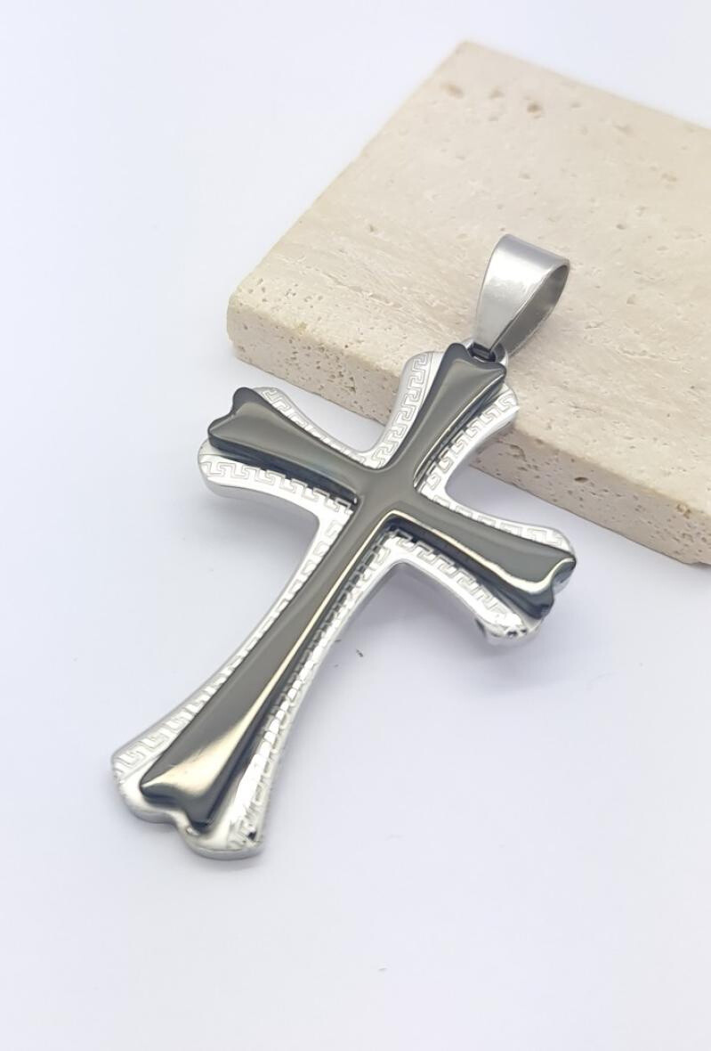 Wholesaler Bijoussimo - Double flared cross steel pendant Greek and black pattern