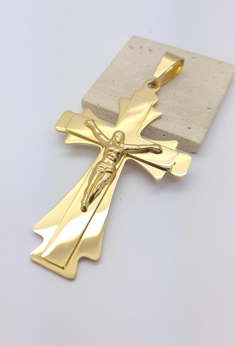 Wholesaler Bijoussimo - Pandentive Double golden cross -sized Jesus Crucified Double Size