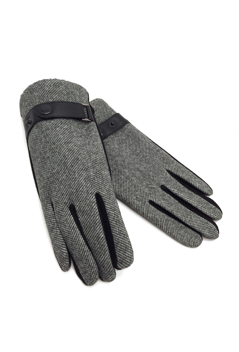 Wholesaler By Oceane - MEN'S GLOVES IN HERRINGBONE TWEED FABRIC AND DECORATED WITH BELT AND BUTTON AT THE CUFF