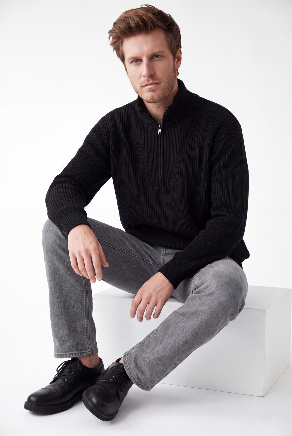 Grossiste C&jo - Pull col camionneur, zippé, manches longues, 4 fils