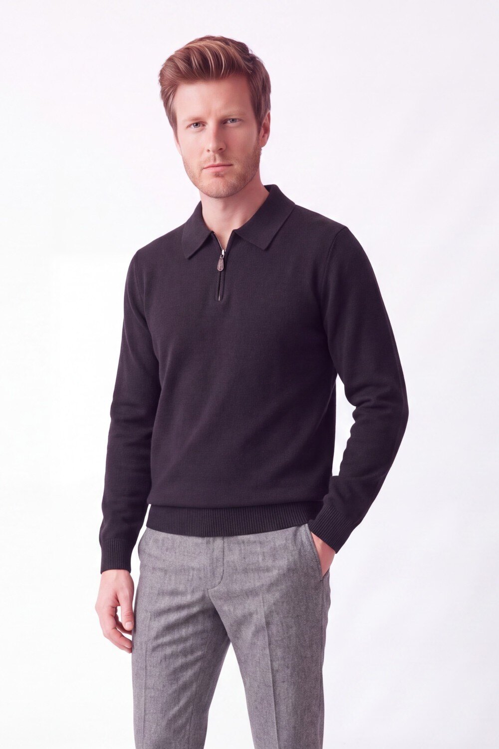Grossista C&jo - Maglione polo a maniche lunghe con mezza zip, 2 fili