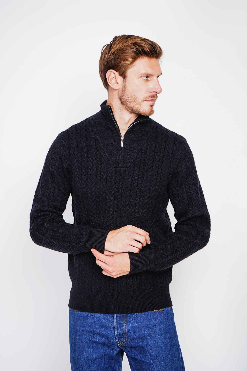 Wholesaler C&jo - Zipped trucker collar sweater with fancy knit and long sleeves
