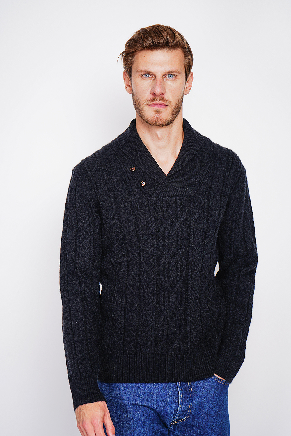 Wholesaler C&jo - Shawl collar sweater with buttons and fancy knit long sleeves