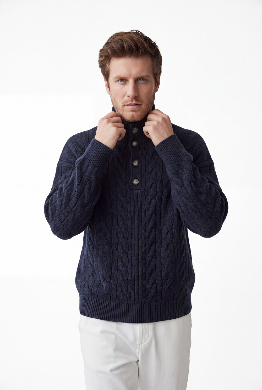 Grossiste C&jo - Pull torsade col camionneur boutonné manches longues, 4 fils