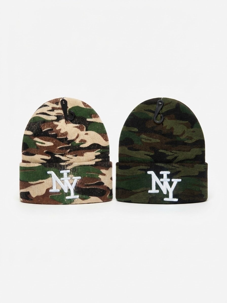 Grossiste Casquette NY - Bonnet NY uni militaire logo blanc - 12 pcs