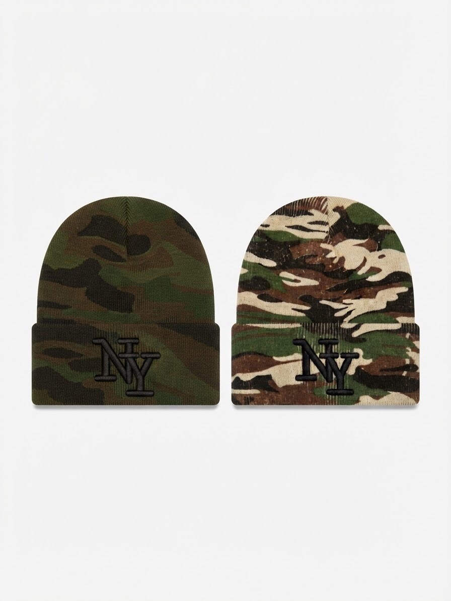 Grossiste Casquette NY - Bonnet NY uni militaire logo noir - 12 pcs
