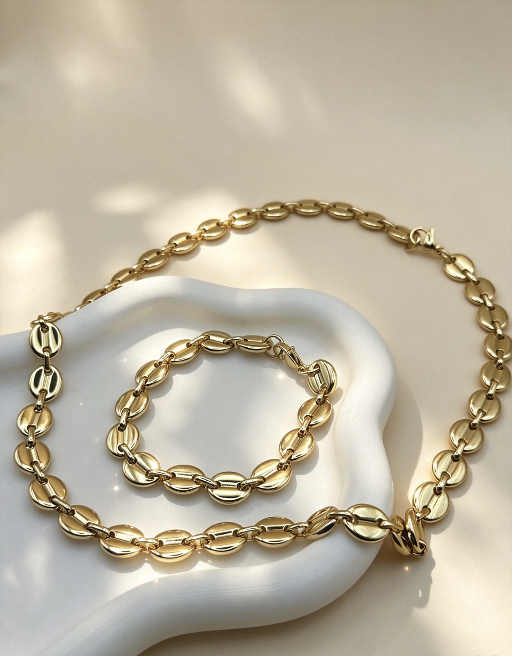 Mayorista Ceramik - Conjunto de collar y pulsera de acero inoxidable — Eslabones de grano de café 11MM (Dorado)