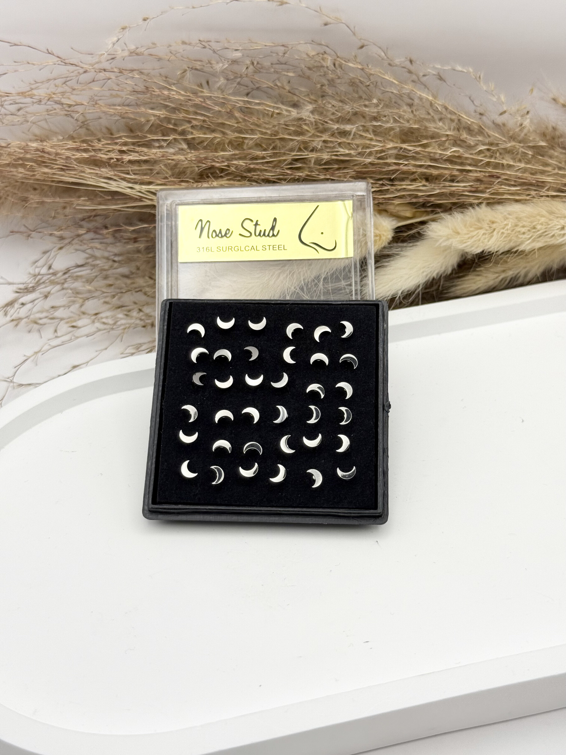 Grossiste Ceramik - Boîte de 36 Piercings de Nez petit boule Acier Inoxydable, Tige 9mm lune
