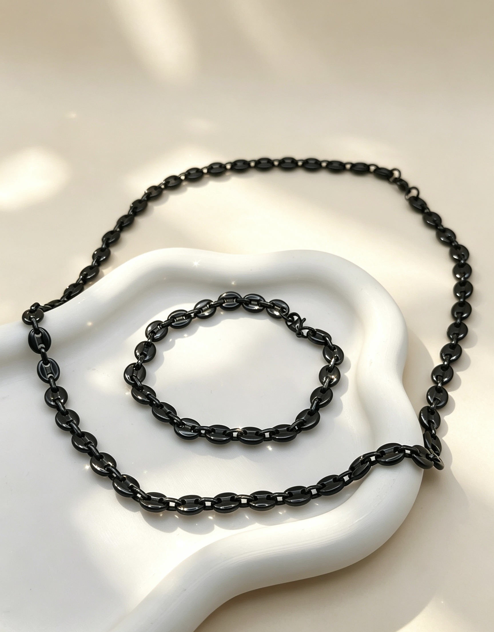 Mayorista Ceramik - Juego de collar y pulsera de acero inoxidable — Eslabones de grano de café 7MM (negro)