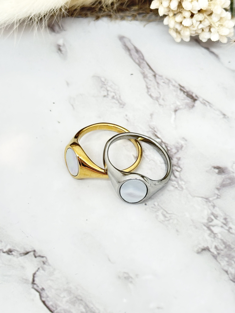 Grossiste Ceramik - Bague acier inoxydable Chevalière ovale nacré