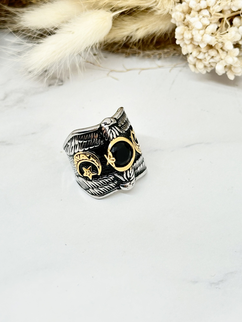 Grossiste Ceramik - Bague acier inoxydable chevalier motif étoile et lune
