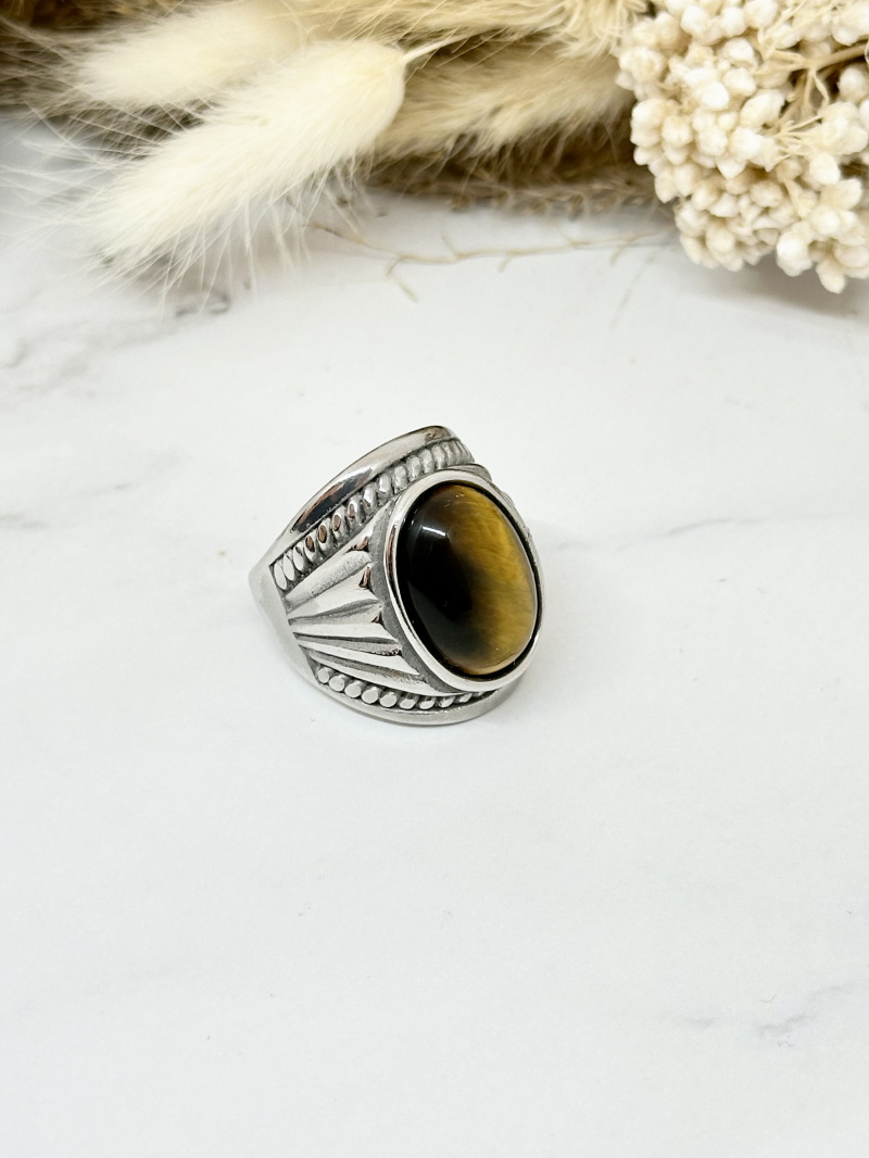 Grossiste Ceramik - Bague acier inoxydable chevalier motif oeil de tigre